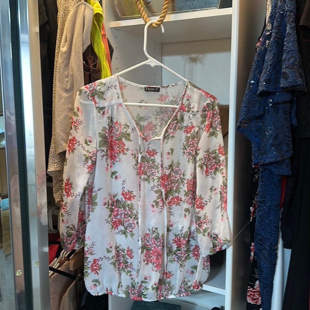 Venus - Floral Sheer Blouse with Elastic Accents and Neck Tie in size Small